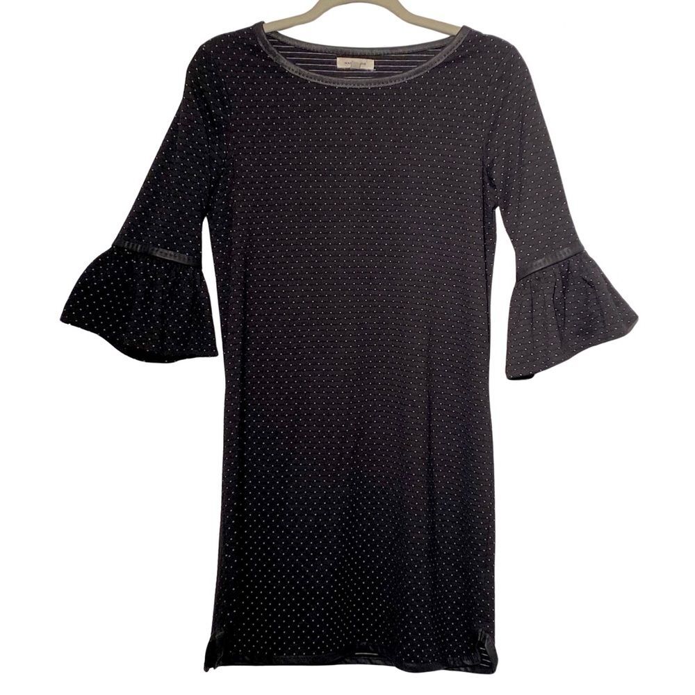 Max Studio Shift Dress Black White Geometric Pattern Ruffle Bell Sleeves, Size S